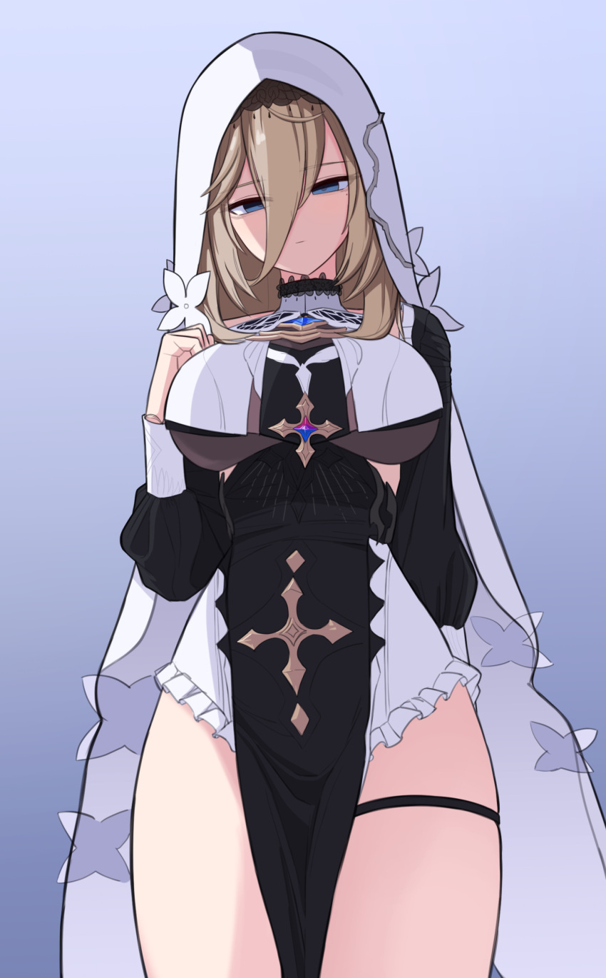 1girl aponia_(honkai_impact) black_dress blue_eyes breast_curtains breasts brown_hair closed_mouth cowboy_shot dress expressionless frilled_dress frills hair_between_eyes hand_up highres honkai_(series) honkai_impact_3rd jagd large_breasts long_hair long_sleeves looking_at_viewer mole mole_under_eye pelvic_curtain skindentation solo standing thigh_strap thighs veil