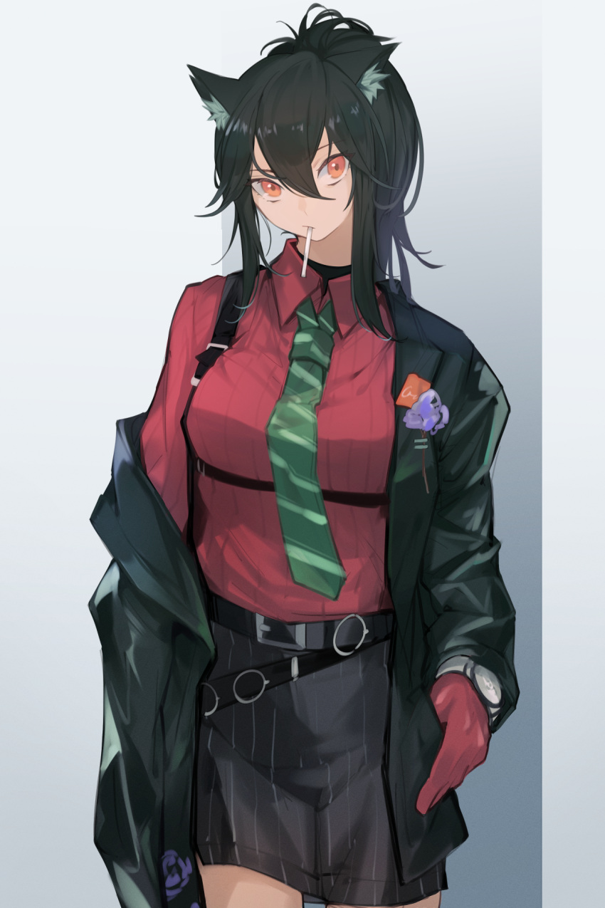1girl animal_ear_fluff animal_ears arknights belt belt_buckle black_coat black_hair black_shorts breasts buckle closed_mouth coat collared_shirt cowboy_shot gloves gradient gradient_background green_necktie grey_background highres kamatpit long_hair long_sleeves looking_at_viewer medium_breasts mouth_hold necktie off_shoulder official_alternate_costume open_clothes open_coat red_eyes red_gloves red_shirt shirt shorts sidelocks solo suspender_shorts suspenders texas_(arknights) texas_(willpower)_(arknights) watch watch white_background wolf_ears