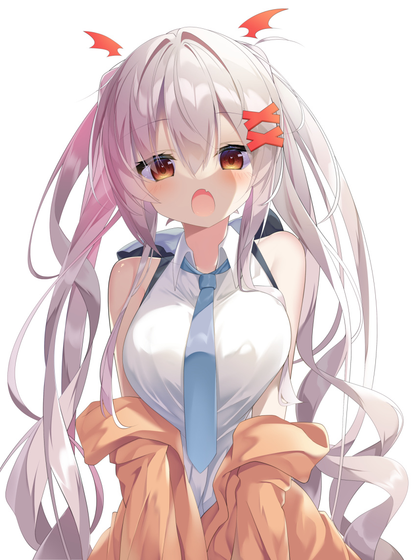 1girl bare_shoulders breasts hair_ornament hairclip highres large_breasts long_hair looking_at_viewer maritaki necktie open_mouth oppai_loli orange_eyes original sleeveless solo twintails very_long_hair white_hair
