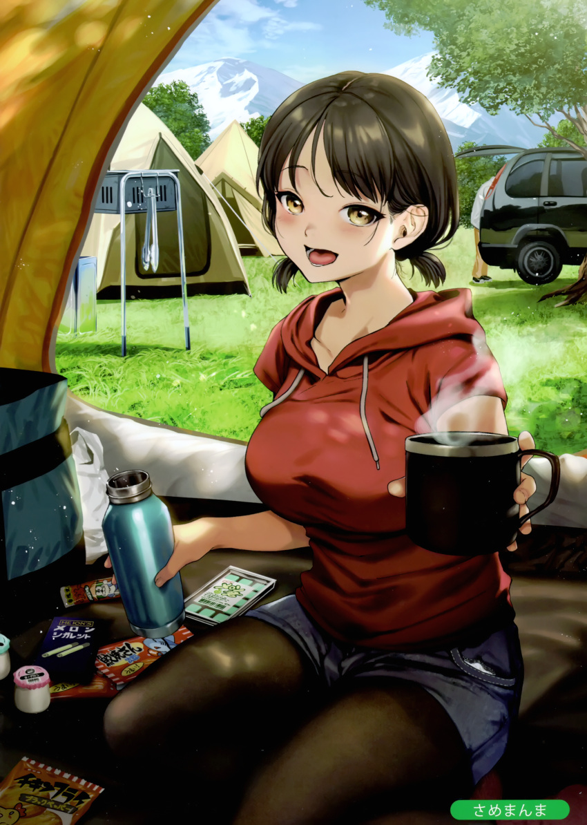 1girl absurdres bad_id bad_twitter_id blush breasts brown_eyes brown_hair coffee_mug commentary_request cup day denim denim_shorts flask grass highres hood hood_down hoodie large_breasts looking_at_viewer low_twintails mountainous_horizon mug nature non-web_source original outdoors outstretched_hand pantyhose samemanma scenery seiza short_twintails shorts sitting solo_focus steam tent twintails