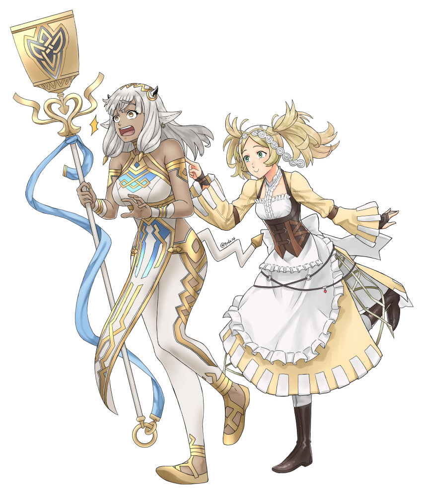 2girls absurdres ash_(fire_emblem) boots breasts brown_eyes closed_mouth dress fire_emblem fire_emblem_heroes full_body highres holding holding_staff horns lissa_(fire_emblem) medium_breasts multiple_girls open_mouth poking simple_background smile staff surprised white_background yuda_nf