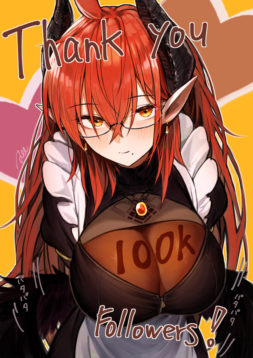 1girl absurdres ahoge apron bangs black_dress blush breasts closed_mouth crossed_bangs demon_horns dress earrings eyebrows_visible_through_hair hair_between_eyes highres horns isabella_(marse) jewelry large_breasts long_hair looking_at_viewer marse_(rokudaime) milestone_celebration mole mole_under_mouth necklace original pointy_ears redhead smile solo sound_effects thank_you white_apron yellow_eyes