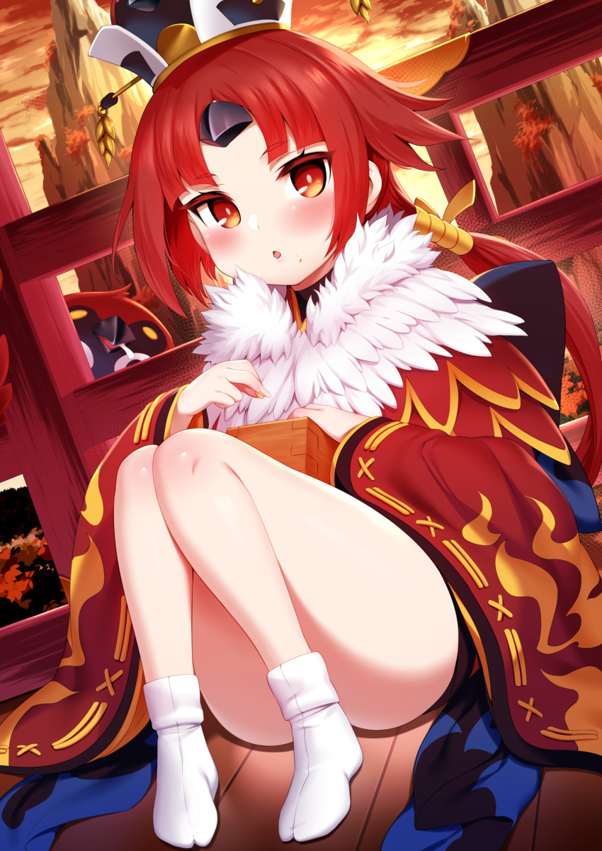 1girl apron bangs benienma_(fate) bird bird_hat blush breasts brown_headwear eating fate/grand_order fate_(series) fur_collar highres japanese_clothes kimono knees_up long_hair long_sleeves looking_at_viewer low_ponytail m-da_s-tarou masu open_mouth parted_bangs red_eyes red_kimono redhead sitting small_breasts sparrow tabi thighs very_long_hair white_apron wide_sleeves