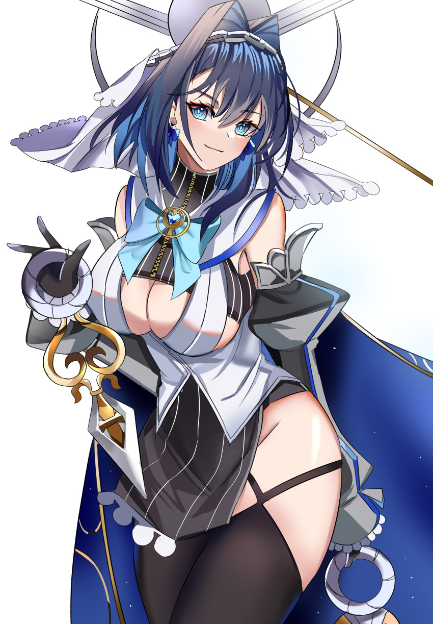 1girl absurdres black_gloves black_legwear black_skirt blue_bow blue_cape blue_eyes blue_hair bow bow_earrings breasts cape closed_mouth cowboy_shot crop_top detached_sleeves dual_wielding earrings gloves hair_intakes head_chain highres hip_focus holding holding_knife hololive hololive_english jewelry knife large_breasts looking_at_viewer mechanical_halo medium_hair miniskirt ouro_kronii rudang shirt simple_background skirt sleeveless sleeveless_shirt solo thigh-highs virtual_youtuber white_background white_shirt zipper
