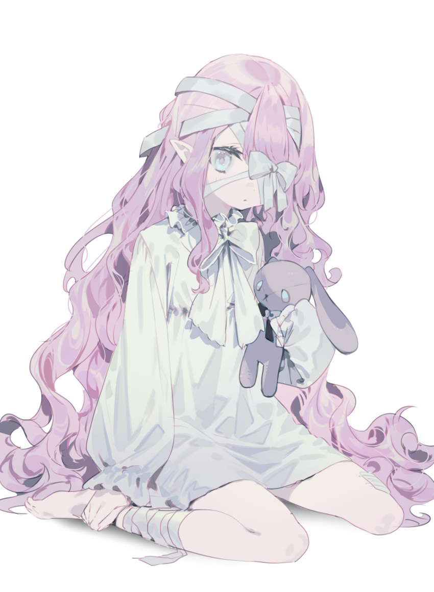 1girl bandage_over_one_eye bandaged_head bandaged_leg bandages bangs barefoot blue_eyes bow bukurote closed_mouth commentary_request commission dress highres long_hair long_sleeves looking_at_viewer object_hug original pink_hair puffy_long_sleeves puffy_sleeves shadow sitting sleeves_past_wrists solo stuffed_animal stuffed_bunny stuffed_toy very_long_hair wariza wavy_hair white_background white_bow white_dress