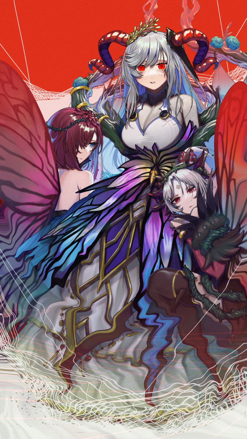 3girls absurdres bangs bare_shoulders blue_eyes blue_hair bodysuit breasts closed_mouth commentary_request curled_horns dress facial_mark fairy fairy_wings fire_emblem fire_emblem_heroes forehead forehead_mark freyja_(fire_emblem) goat_horns grey_hair grin hair_ornament hair_over_one_eye hair_vines highres horns ikura_(downdexp) lips long_hair looking_at_viewer multicolored_hair multiple_girls one_eye_covered parted_bangs parted_lips plant plumeria_(fire_emblem) ponytail purple_hair red_background red_eyes red_horns red_lips short_hair skin_tight smile thorns triandra_(fire_emblem) two-tone_hair very_long_hair vines white_dress wings