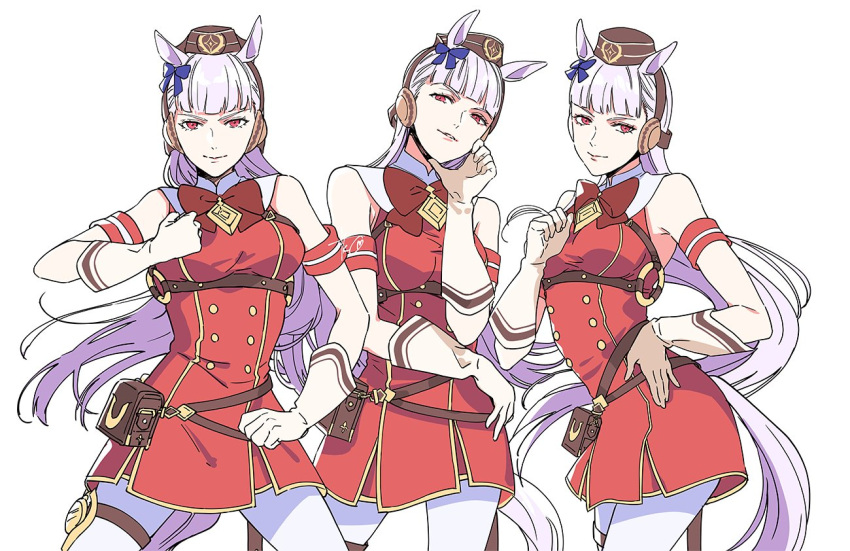 3girls animal_ears bangs bow bowtie closed_mouth diamond_wa_kudakenai gloves gold_ship_(umamusume) horse_ears horse_girl horse_tail jojo_no_kimyou_na_bouken jojo_pose long_hair looking_at_viewer multiple_girls multiple_persona pants parody pose purple_hair red_bow red_bowtie red_shirt shirt simple_background sky smile solo stone_ocean tail takashi_(huzakenna) umamusume vento_aureo violet_eyes white_background white_gloves white_pants