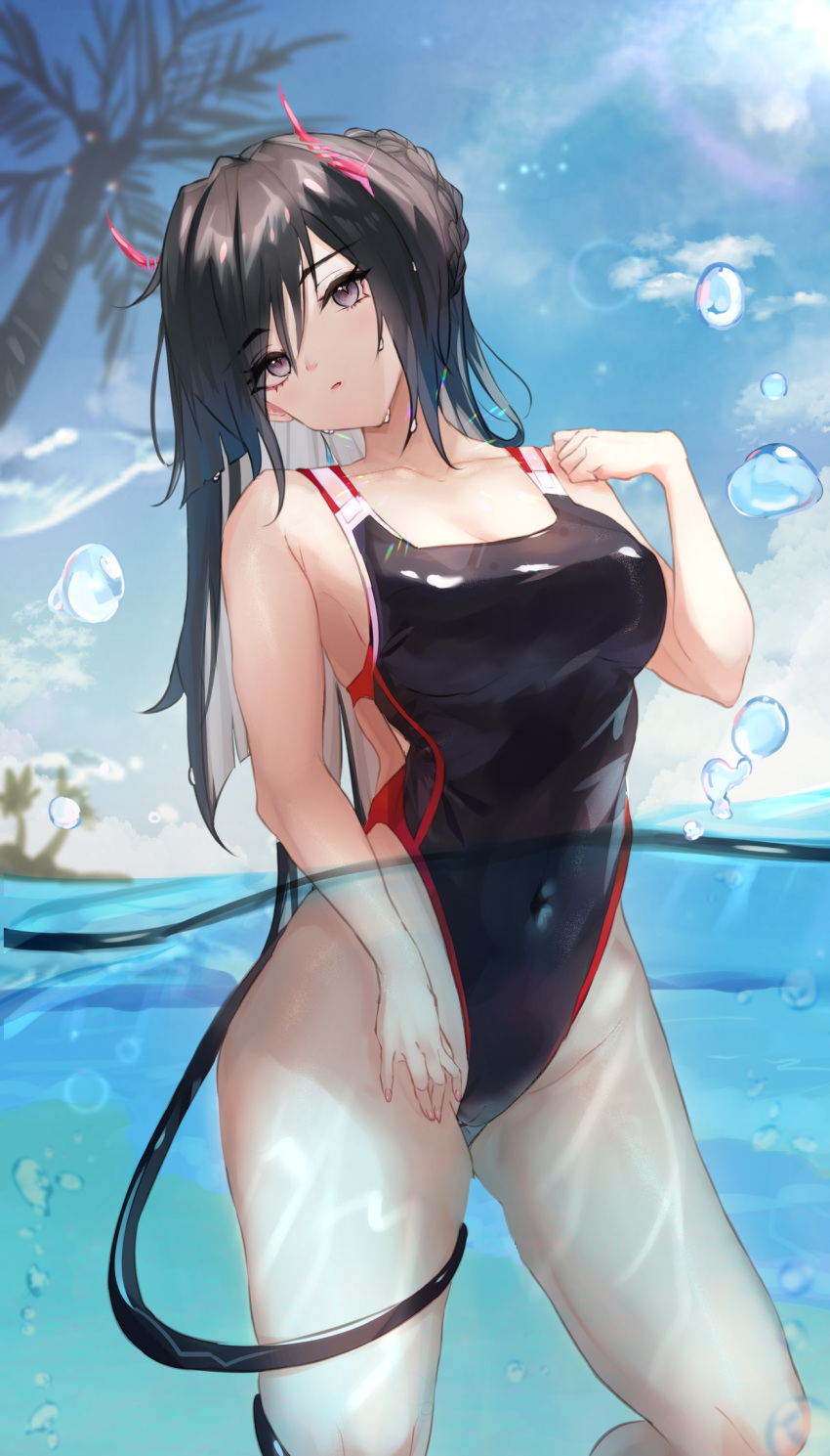 1girl black_eyes black_hair black_swimsuit blue_sky braid clouds competition_swimsuit covered_navel cowboy_shot day highleg highleg_swimsuit highres long_hair looking_at_viewer one-piece_swimsuit original outdoors palm_tree panipo partially_submerged partially_underwater_shot sky solo standing swimsuit tree water
