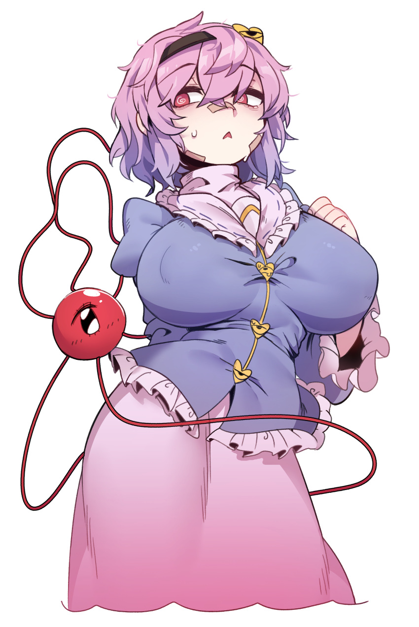 1girl absurdres blouse breasts buttons collared_shirt eyeball frilled_shirt_collar frilled_skirt frilled_sleeves frills heart_button highres komeiji_satori large_breasts long_skirt long_sleeves nyong_nyong pink_skirt purple_hair red_eyes ribbon_trim shirt short_hair skirt solo touhou wide_sleeves
