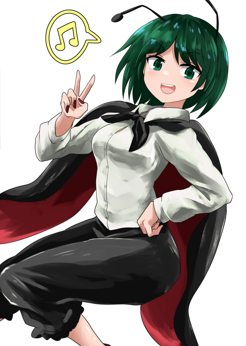 1girl :d antennae black_cape black_footwear black_pants breasts cape chups feet_out_of_frame green_eyes green_hair highres long_sleeves looking_at_viewer medium_breasts musical_note nail_polish open_mouth pants red_nails shirt short_hair smile solo spoken_musical_note touhou v white_background white_shirt wriggle_nightbug