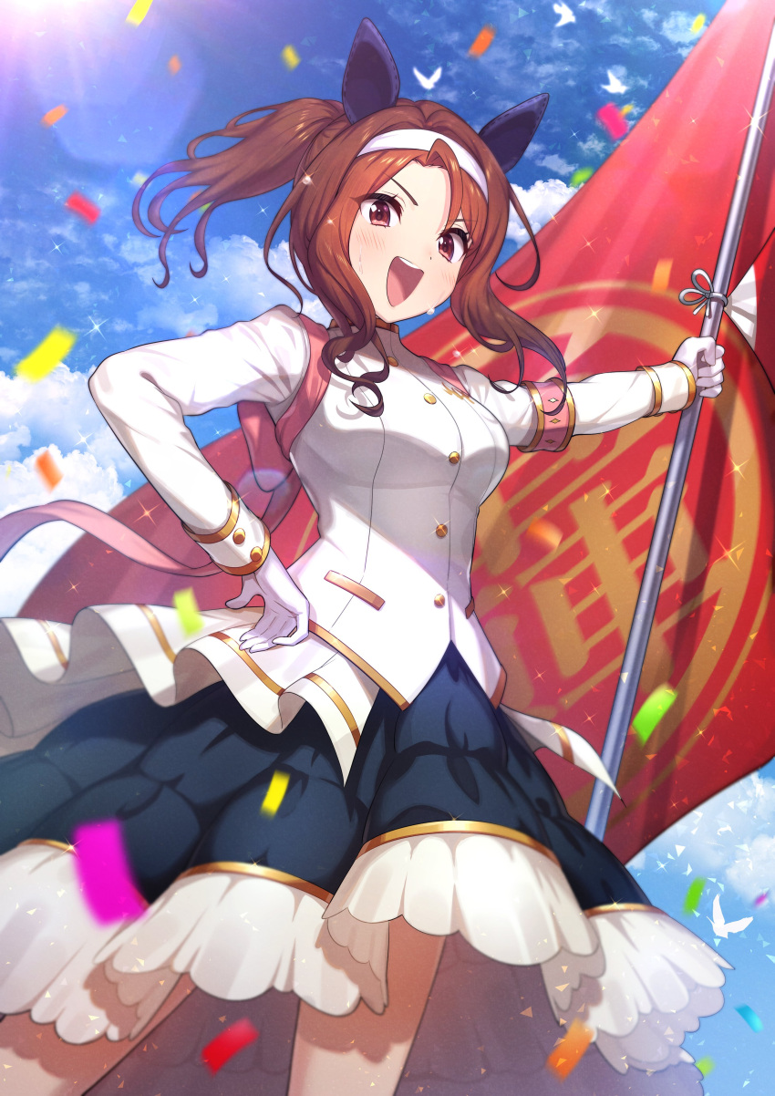1girl absurdres animal_ears bird black_skirt brown_eyes brown_hair clouds confetti day ear_covers flag gloves green322 hair_intakes hairband hand_on_hip highres holding holding_flag horse_ears jacket king_halo_(noble_white_cheer_attire)_(umamusume) king_halo_(umamusume) lens_flare long_sleeves looking_at_viewer medium_hair open_mouth outdoors ponytail skirt smile solo sparkle sweat teeth umamusume upper_teeth v-shaped_eyebrows white_gloves white_jacket