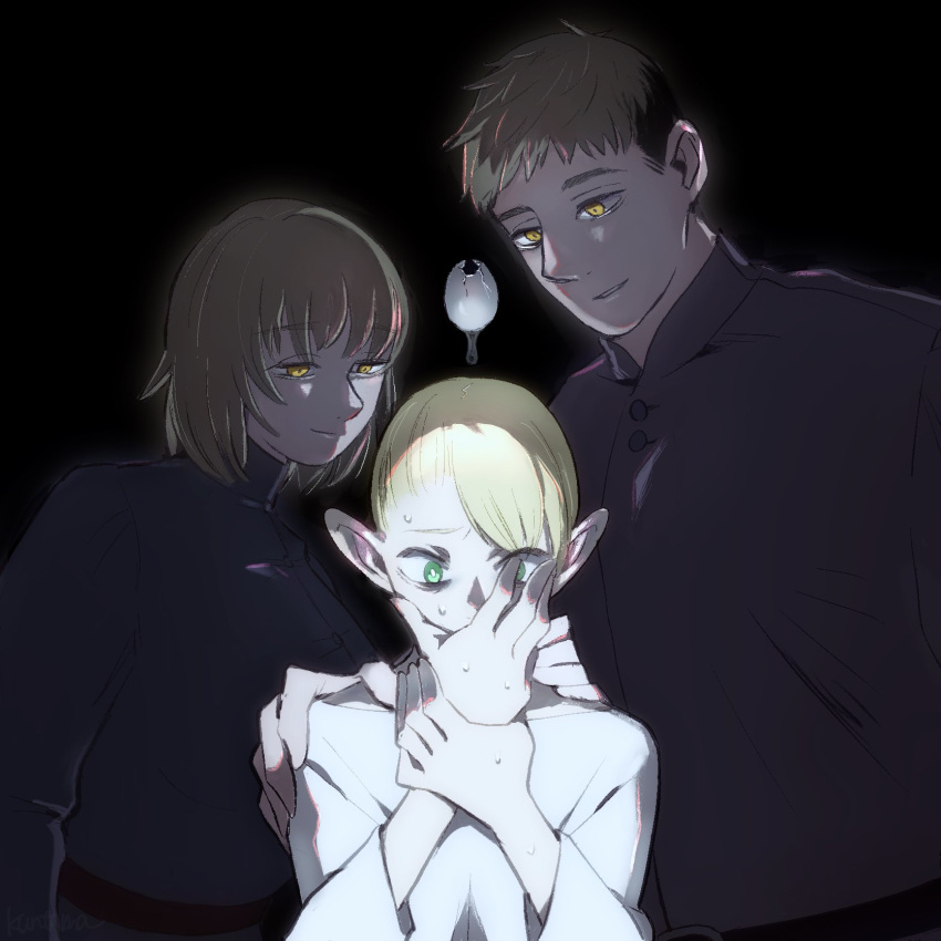 2girls bangs black_background blonde_hair breasts broken_egg brother_and_sister brown_hair covered_mouth covering_mouth dark dripping dungeon_meshi egg elf empty_eyes falin_thorden furrowed_brow green_eyes hand_on_another's_neck hand_on_another's_shoulder hand_on_own_face hand_over_eye hand_over_own_mouth hands_up highres kuntama11 laios_thorden light_brown_hair long_sleeves looking_at_another looking_at_hand looking_away looking_down marcille multiple_girls own_hands_together parted_lips pointy_ears robe short_hair siblings simple_background smile sweat undercut upper_body worried yellow_eyes