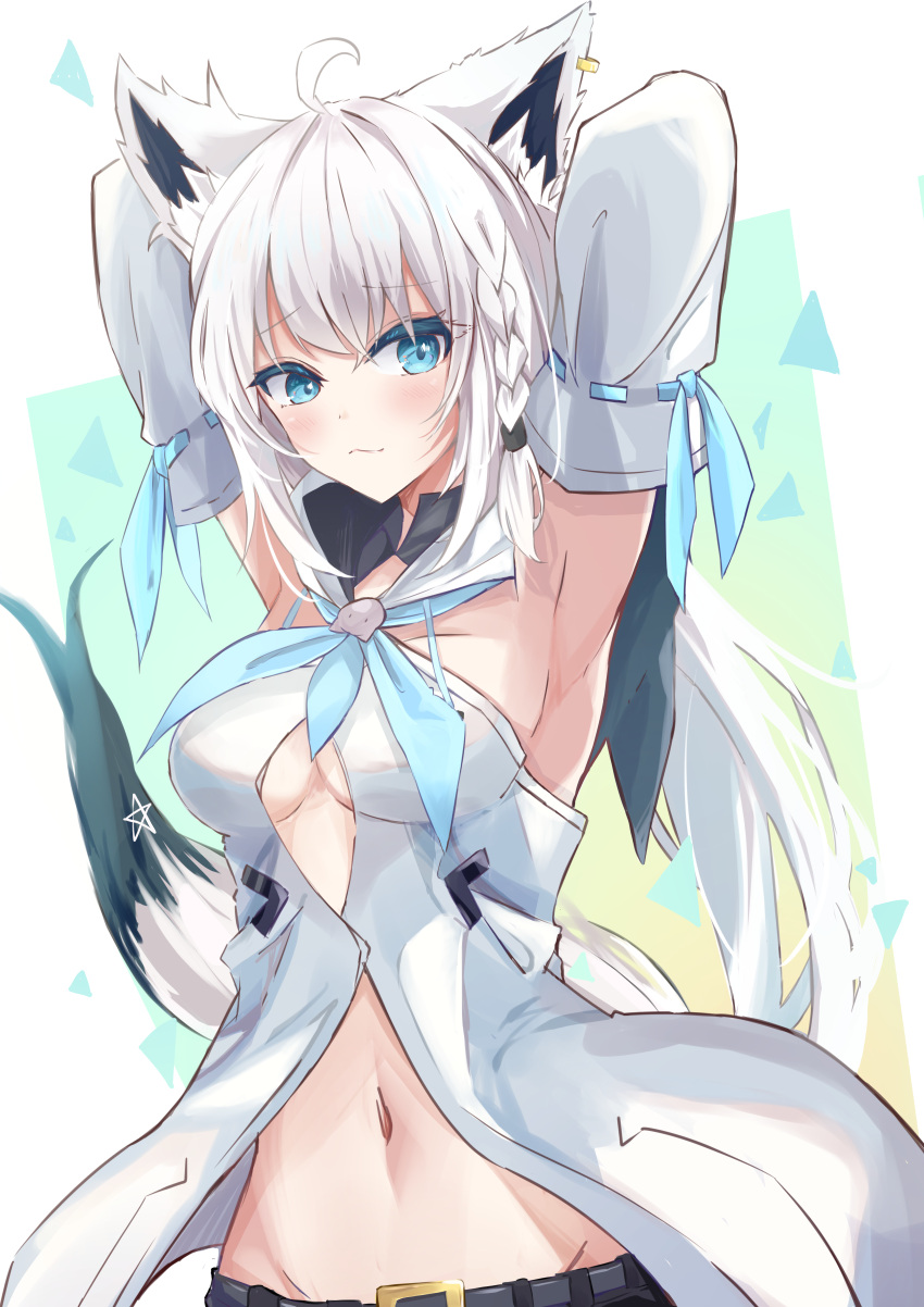 1girl absurdres ahoge animal_ear_fluff animal_ears armpits arms_behind_head arms_up bangs black_bow black_shorts blue_neckerchief blush bow braid breasts commentary_request detached_sleeves earrings eyebrows_visible_through_hair fox_ears fox_girl fox_tail green_eyes hair_between_eyes hair_bow highres hololive hood hoodie jewelry long_hair looking_at_viewer medium_breasts midriff mikazuki1613 navel neckerchief pentagram shirakami_fubuki short_shorts shorts sidelocks simple_background single_braid solo tail virtual_youtuber white_hair white_hoodie