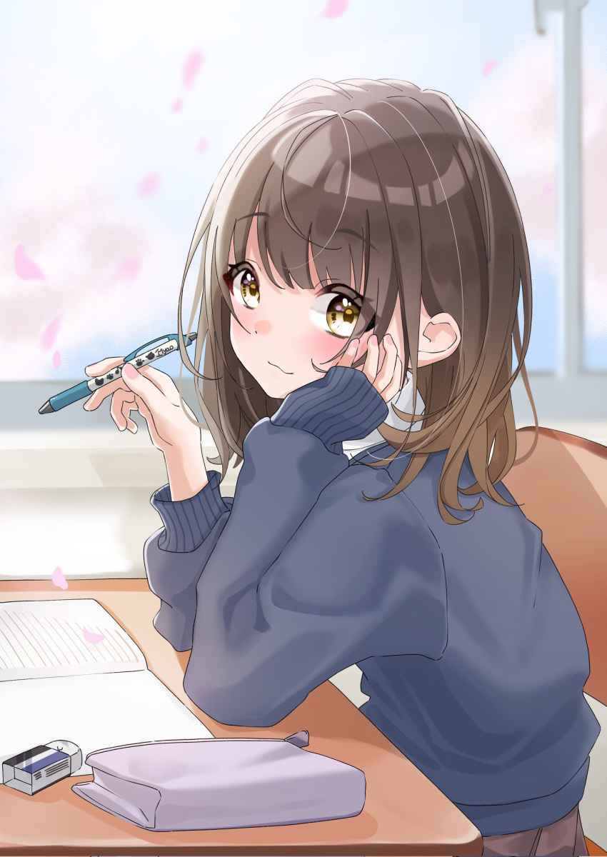 1girl :3 bangs blush brown_eyes brown_hair cardigan closed_mouth collared_shirt desk elbows_on_table eraser gumi_lilk head_on_hand highres holding holding_pen long_sleeves looking_at_viewer medium_hair notebook original pen pencil_case petals school school_desk school_uniform shirt sitting sleeves_past_wrists smile solo window