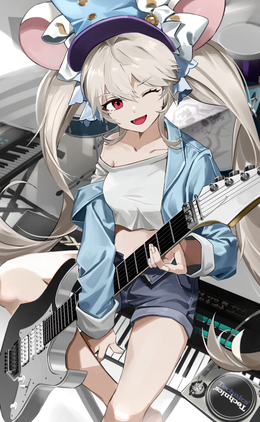 1girl ;d absurdres animal_ears artist_request bare_shoulders blue_headwear blue_jacket blue_shorts breasts collarbone commission crop_top denim denim_shorts dungeon_and_fighter electric_guitar guitar hat highres instrument jacket keyboard_(instrument) lifeff long_hair long_sleeves looking_at_viewer medium_breasts midriff mouse_ears mouse_girl off_shoulder one_eye_closed open_clothes open_fly open_jacket open_mouth peaked_cap red_eyes second-party_source shirt short_shorts shorts sitting smile solo stomach thighs twintails v-shaped_eyebrows very_long_hair white_hair white_shirt