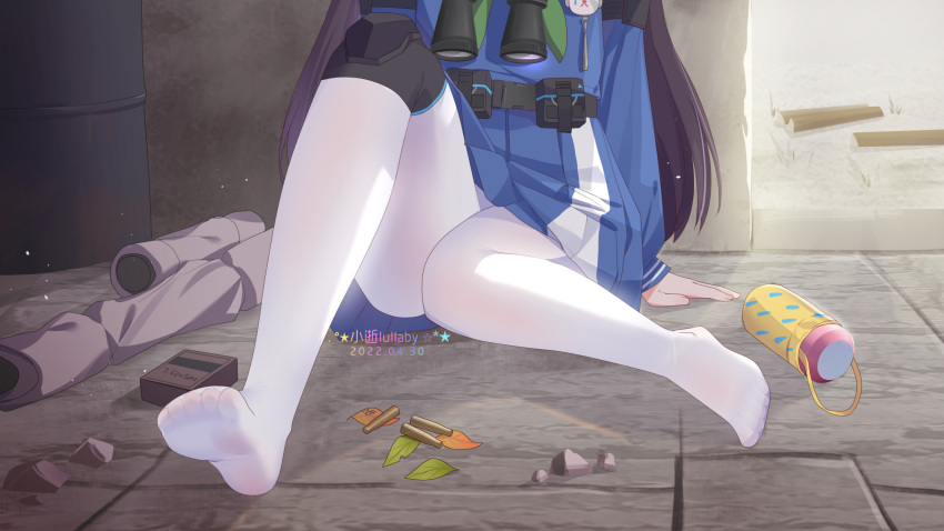 1girl binoculars black_hair blue_archive blue_shirt blue_skirt bolt_action floor gun highres knee_pads leaf long_hair long_sleeves miyu_(blue_archive) mosin-nagant no_shoes on_floor pantyhose rifle school_uniform shell_casing shirt single_knee_pad sitting skirt soles solo thighs toes weapon white_legwear xiao_shi_lullaby