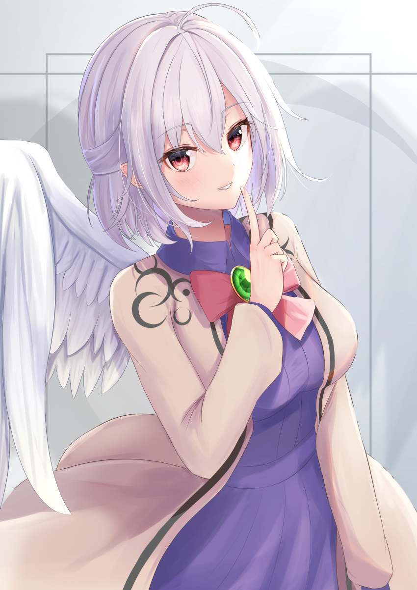 1girl absurdres ahoge angel_wings bangs blush bow bowtie breasts brooch collar commentary_request dress eyebrows_visible_through_hair eyelashes feathered_wings feathers finger_to_mouth fingernails gem green_gemstone hair_between_eyes hand_up highres jacket jewelry kishin_sagume long_sleeves looking_at_viewer medium_breasts niko_kusa open_clothes open_jacket purple_dress red_bow red_bowtie red_eyes short_dress short_hair single_wing smile solo touhou white_background wings