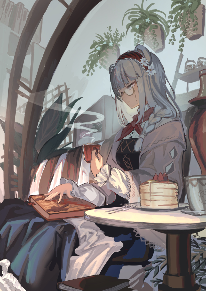 1girl absurdres animal_ears aqua_eyes arknights bangs bear_ears blunt_bangs book bow bowtie braid cake cup food glasses hair_ornament highres istina_(arknights) long_hair long_sleeves natsuba002 plant red_bow red_bowtie sitting solo table white_hair