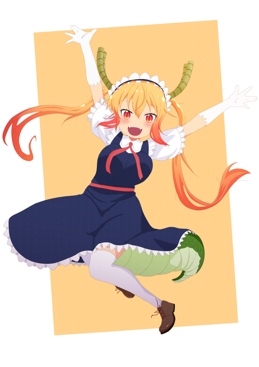 1girl absurdres blush breasts dragon_girl dragon_horns dragon_tail gloves highres horns karamell kobayashi-san_chi_no_maidragon large_breasts long_hair looking_at_viewer maid smile tail tohru_(maidragon)