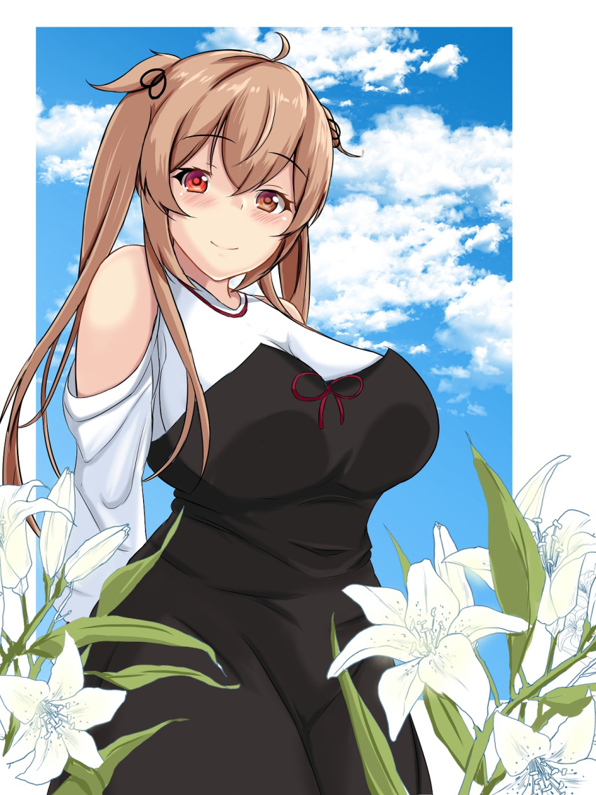 1girl alternate_costume black_dress black_ribbon blue_sky blush breasts brown_eyes clouds cloudy_sky dress dress_shirt eyebrows_visible_through_hair flower hair_between_eyes hair_ribbon heterochromia highres kantai_collection large_breasts light_brown_hair long_hair long_sleeves looking_at_viewer montemasa murasame_(kancolle) murasame_kai_ni_(kancolle) outdoors red_eyes ribbon shirt sky smile solo two_side_up