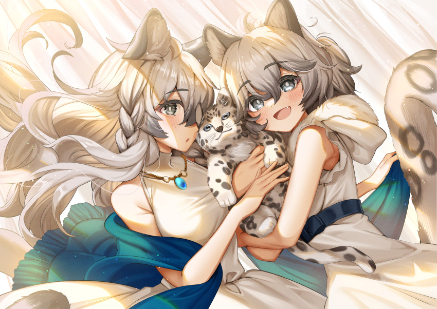 2girls :d absurdres animal animal_ear_fluff animal_ears animal_hug arknights bangs bare_shoulders blush braid breasts cliffheart_(arknights) commentary_request curtains dress eyebrows_visible_through_hair fang fringe_trim fur-trimmed_hood fur_trim grey_eyes grey_hair hair_between_eyes highres hood hood_down jewelry leopard leopard_ears leopard_girl leopard_tail long_hair looking_at_viewer medium_breasts multiple_girls parted_lips pendant pramanix_(arknights) sallyzaemon shawl siblings sisters sleeveless sleeveless_dress smile tail very_long_hair white_dress