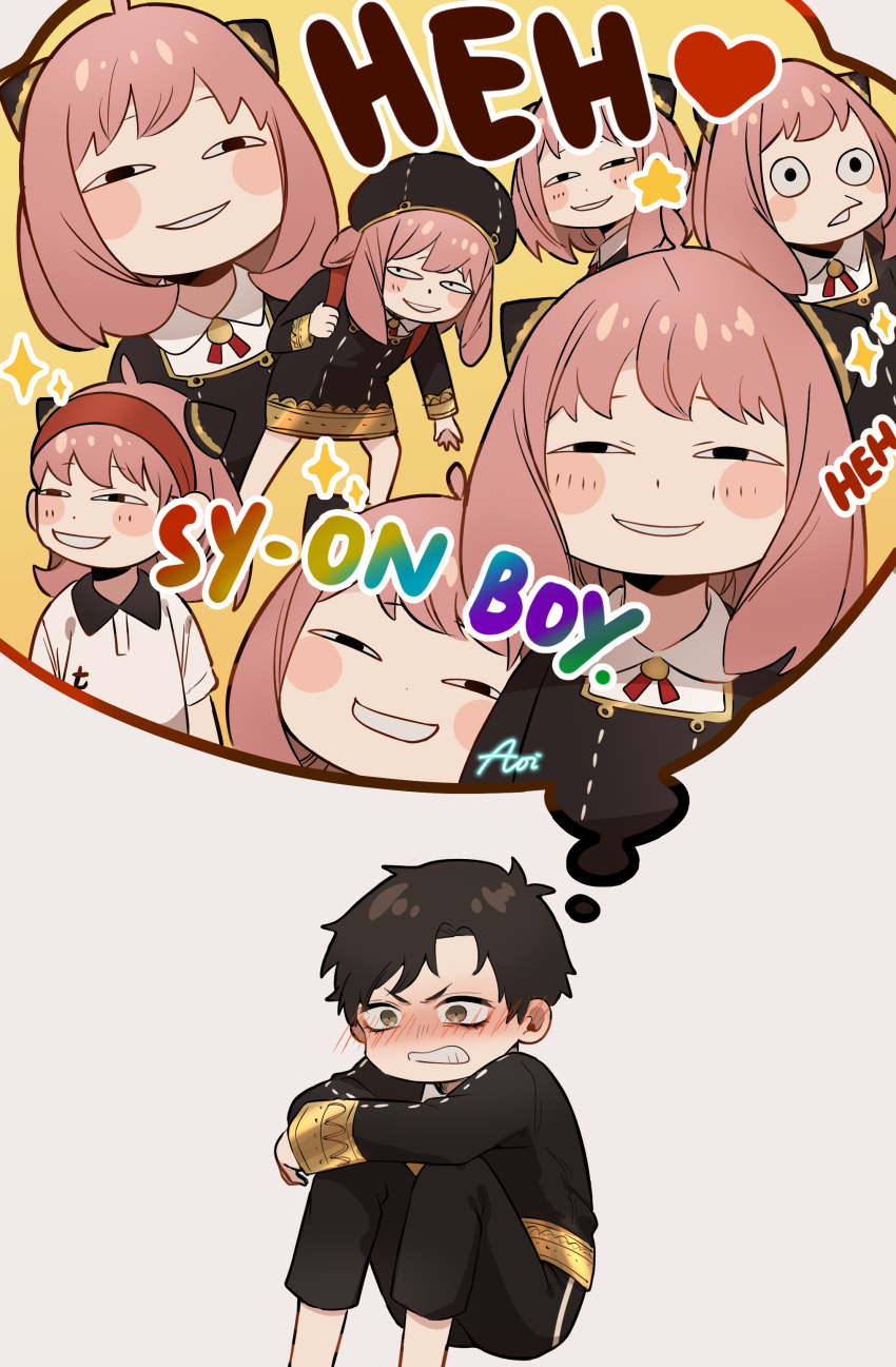 &lt;o&gt;_&lt;o&gt; 1boy absurdres anya's_heh_face_(meme) anya_(spy_x_family) aoirnn backpack bag bangs black_dress black_hair black_headwear black_pants blush blush_stickers child clenched_teeth damian_desmond dress ear_blush eden_academy_uniform embarrassed fake_horns gold_trim gym_uniform hairband half-closed_eyes hat heart highres holding_strap horns knees_up leaning_forward long_sleeves looking_at_viewer looking_away looking_down looking_to_the_side medium_hair meme memory neck_ribbon nose_blush pants pink_hair red_ribbon ribbon sanpaku school_uniform short_hair short_sleeves sidelocks simple_background sitting smirk solo sparkle spy_x_family standing stitches teeth thought_bubble