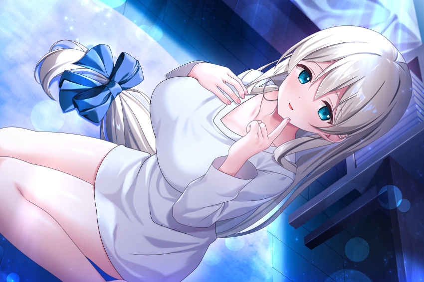 1girl absurdres bangs bed blue_eyes breasts collarbone eyebrows_visible_through_hair grey_hair hair_between_eyes hair_ribbon hand_on_own_chest highres index_finger_raised indoors large_breasts long_hair looking_at_viewer night non-web_source open_mouth original ribbon rug shelf shimofuri_takenoko sitting smile solo table very_long_hair wariza wooden_floor