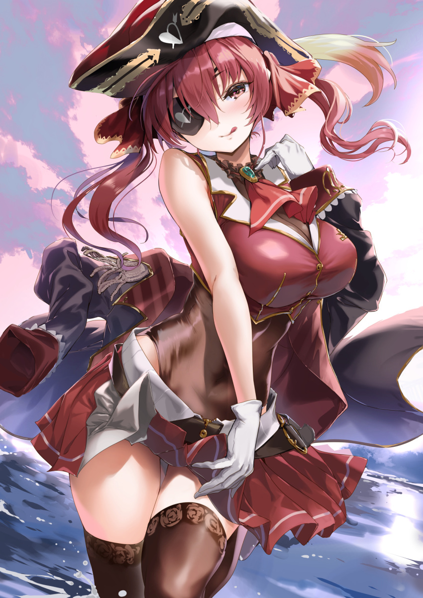 1girl bangs bare_shoulders bicorne black_coat black_headwear blue_sky blush breasts brown_leotard coat crop_top gloves hair_ribbon hat heterochromia highres hololive houshou_marine large_breasts leotard leotard_under_clothes licking_lips long_hair looking_at_viewer nylon ocean off_shoulder pink_sky pirate pleated_skirt red_eyes red_ribbon red_shirt red_skirt redhead ribbon shirt skirt sky smile solo thigh-highs tongue tongue_out twilight twintails virtual_youtuber yellow_eyes