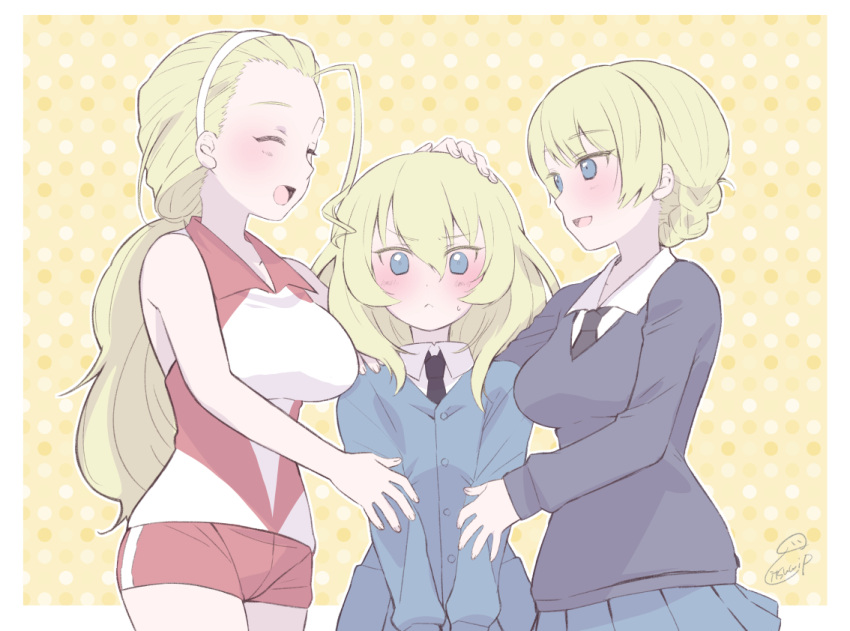 3girls andou_(girls_und_panzer) artist_name bangs blonde_hair blue_eyes blush braid commentary darjeeling_(girls_und_panzer) eyebrows_visible_through_hair girl_sandwich girls_und_panzer gradient gradient_background hand_on_another's_arm hand_on_another's_head hand_on_another's_shoulder itsumip long_hair looking_at_another medium_hair multiple_girls open_mouth outline sandwiched sasaki_akebi school_uniform short_hair signature smile st._gloriana's_school_uniform standing sweatdrop white_outline yellow_background
