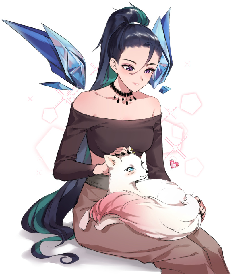 1girl absurdres animal_on_lap aniroud bare_shoulders black_hair brown_pants brown_shirt closed_mouth colored_inner_hair detached_wings forehead fox green_hair hair_between_eyes heart highres k/da_all_out_kai'sa kai'sa league_of_legends long_hair long_sleeves looking_at_animal multicolored_hair off-shoulder_shirt off_shoulder on_lap pants petting ponytail shirt smile solo two-tone_hair very_long_hair violet_eyes white_background wings
