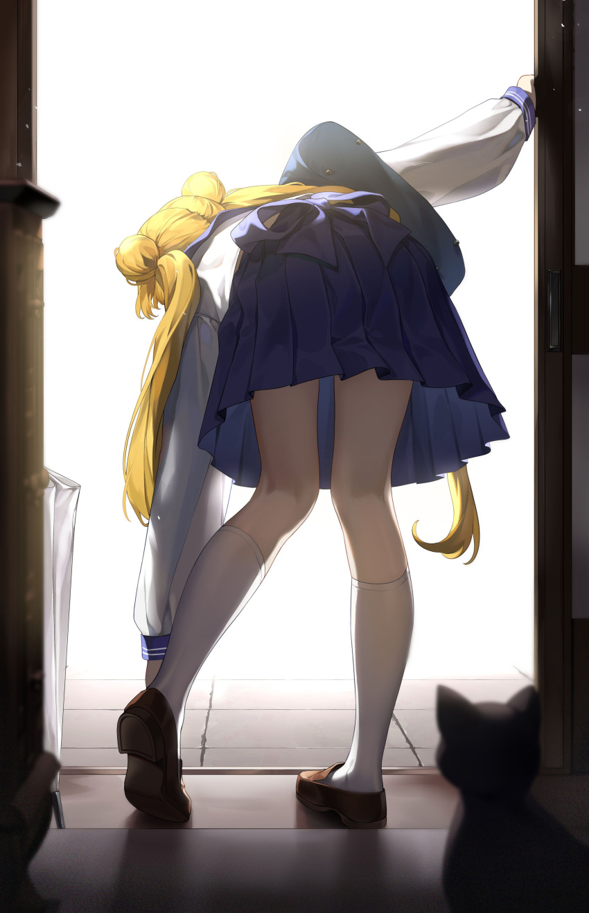 1girl absurdres adjusting_footwear animal_ears aniroud bag bent_over bishoujo_senshi_sailor_moon blonde_hair blue_skirt brown_footwear cat_ears double_bun facing_viewer from_behind full_body highres kneehighs loafers long_hair long_sleeves looking_at_viewer open_door school_uniform serafuku shirt shoes shoulder_bag skirt solo tsukino_usagi twintails very_long_hair white_legwear white_shirt