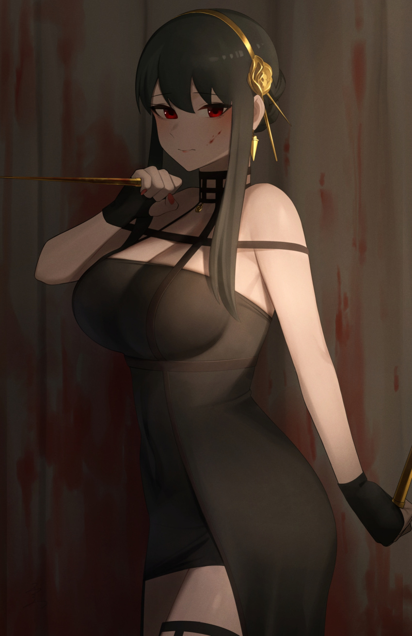 1girl bangs bare_shoulders black_dress black_gloves black_hair blood blood_on_face blood_on_wall blood_on_weapon breasts cowboy_shot dagger dress dual_wielding eyebrows_visible_through_hair fingerless_gloves flower gloves gold_hairband hair_flower hair_ornament hand_up highres holding holding_dagger holding_weapon knife large_breasts long_hair red_eyes red_nails reverse_grip rose senju_(snz0) short_hair_with_long_locks sidelocks solo spikes spy_x_family weapon yor_briar