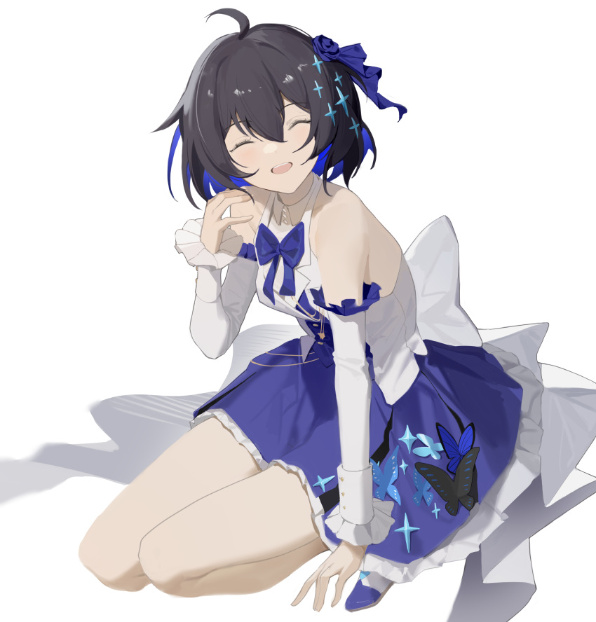 1girl absurdres ahoge back_bow bangs bare_legs bare_shoulders black_butterfly black_hair blue_bow blue_bowtie blue_butterfly blue_hair blue_ribbon blue_skirt bow bowtie bug butterfly closed_eyes colored_inner_hair commentary_request detached_sleeves eyebrows_visible_through_hair hair_between_eyes hair_ornament hair_ribbon hand_up highres honkai_(series) honkai_impact_3rd kneeling kuo_(kuo114514) multicolored_hair open_mouth ribbon seele_vollerei shirt short_hair simple_background skirt sleeveless sleeveless_shirt smile solo teeth upper_teeth white_background white_shirt white_sleeves