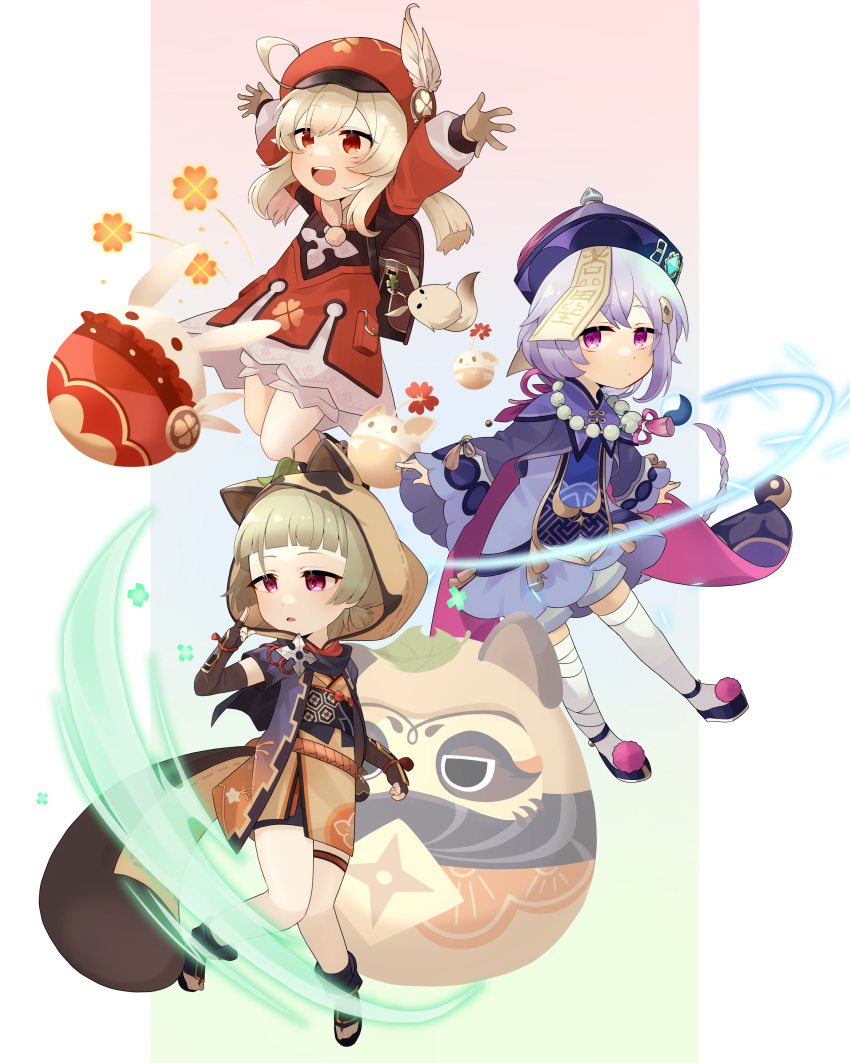 3girls :d absurdres ahoge animal_ears animal_hood arm_guards arms_up asoko_(user_takc5354) backpack bag bag_charm bangs bead_necklace beads black_gloves black_scarf bloomers boots brown_footwear brown_gloves brown_scarf cabbie_hat cape charm_(object) chinese_clothes clover_print coat commentary_request daruma_doll dodoco_(genshin_impact) eyebrows_visible_through_hair fake_animal_ears fake_tail fingerless_gloves fingers_together fishnets full_body genshin_impact gloves grey_hair hair_between_eyes hat hat_feather hat_ornament highres hood japanese_clothes jewelry jiangshi jumpy_dumpty klee_(genshin_impact) knee_boots kneehighs light_brown_hair long_hair long_sleeves looking_at_viewer low_ponytail low_twintails muji-muji_daruma_(genshin_impact) multiple_girls necklace ninja obi ofuda outstretched_arms parted_lips pocket pointy_ears purple_hair qing_guanmao qiqi_(genshin_impact) raccoon_ears raccoon_hood raccoon_tail randoseru red_coat red_eyes red_headwear sash sayu_(genshin_impact) scarf short_hair short_sleeves shuriken sidelocks smile spread_arms standing standing_on_one_leg tail thigh-highs twintails underwear violet_eyes vision_(genshin_impact) weapon white_legwear zettai_ryouiki