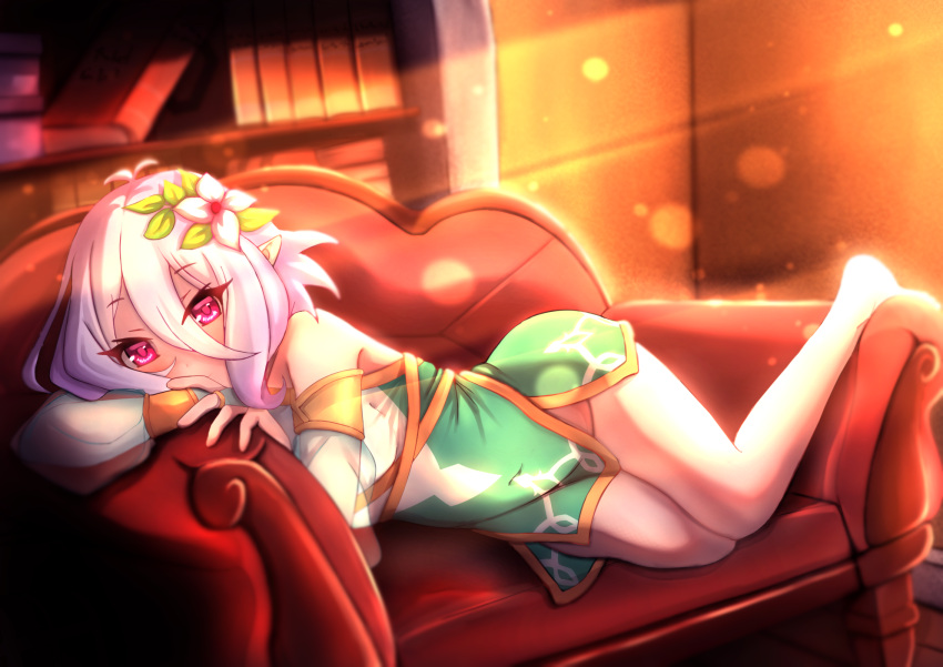 1girl :x dress elf feet highres karamell kokkoro_(princess_connect!) legs pink_eyes pointy_ears princess_connect! red_eyes sleeveless sleeveless_dress thighs undefined