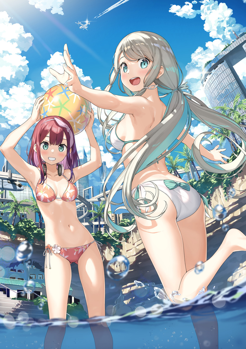 2girls :d aqua_eyes armpits arms_up ass ass_visible_through_thighs ball bare_arms bare_shoulders beachball bikini blue_eyes breasts clouds day from_behind grey_hair grin headphones headphones_around_neck highres kamisama_no_you_na_kimi_e kantoku leg_up long_hair looking_at_viewer looking_back medium_breasts multiple_girls open_mouth outdoors outstretched_arms red_bikini redhead side-tie_bikini smile sonomura_hazuki standing standing_on_one_leg strap_gap string_bikini sunlight swimsuit thighs tsukuyomi_(kamikimi) very_long_hair wading white_bikini