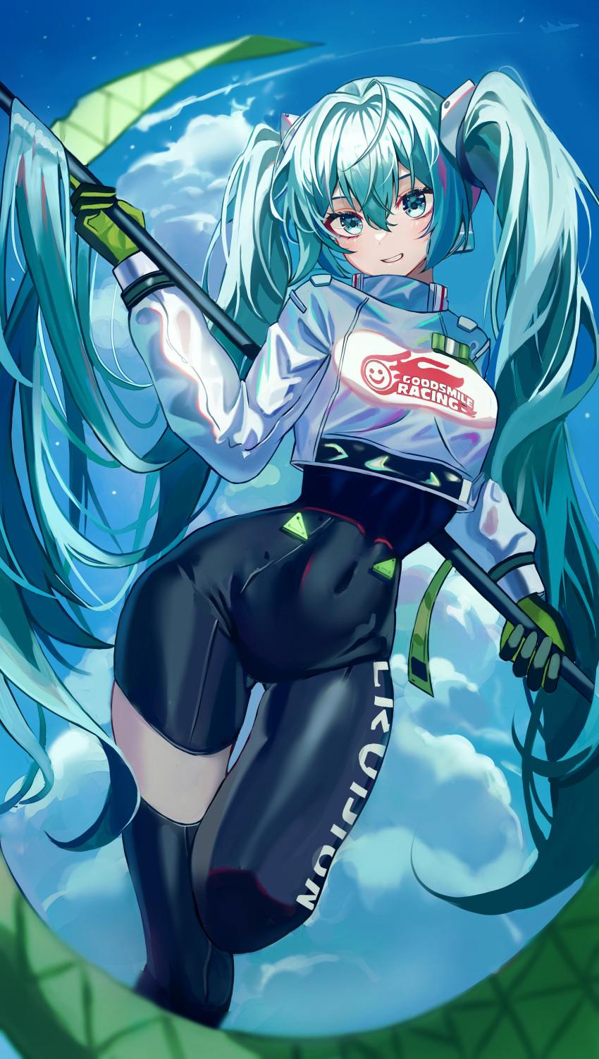 1girl absurdres ahoge ass_visible_through_thighs blue_eyes blue_hair bodysuit breasts clouds covered_navel day feet_out_of_frame flag gloves goodsmile_racing hair_between_eyes hatsune_miku highres holding holding_flag long_hair long_sleeves looking_at_viewer medium_breasts outdoors parted_lips poise racing_miku racing_miku_(2022) single_thighhigh smile solo teeth thigh-highs twintails very_long_hair vocaloid