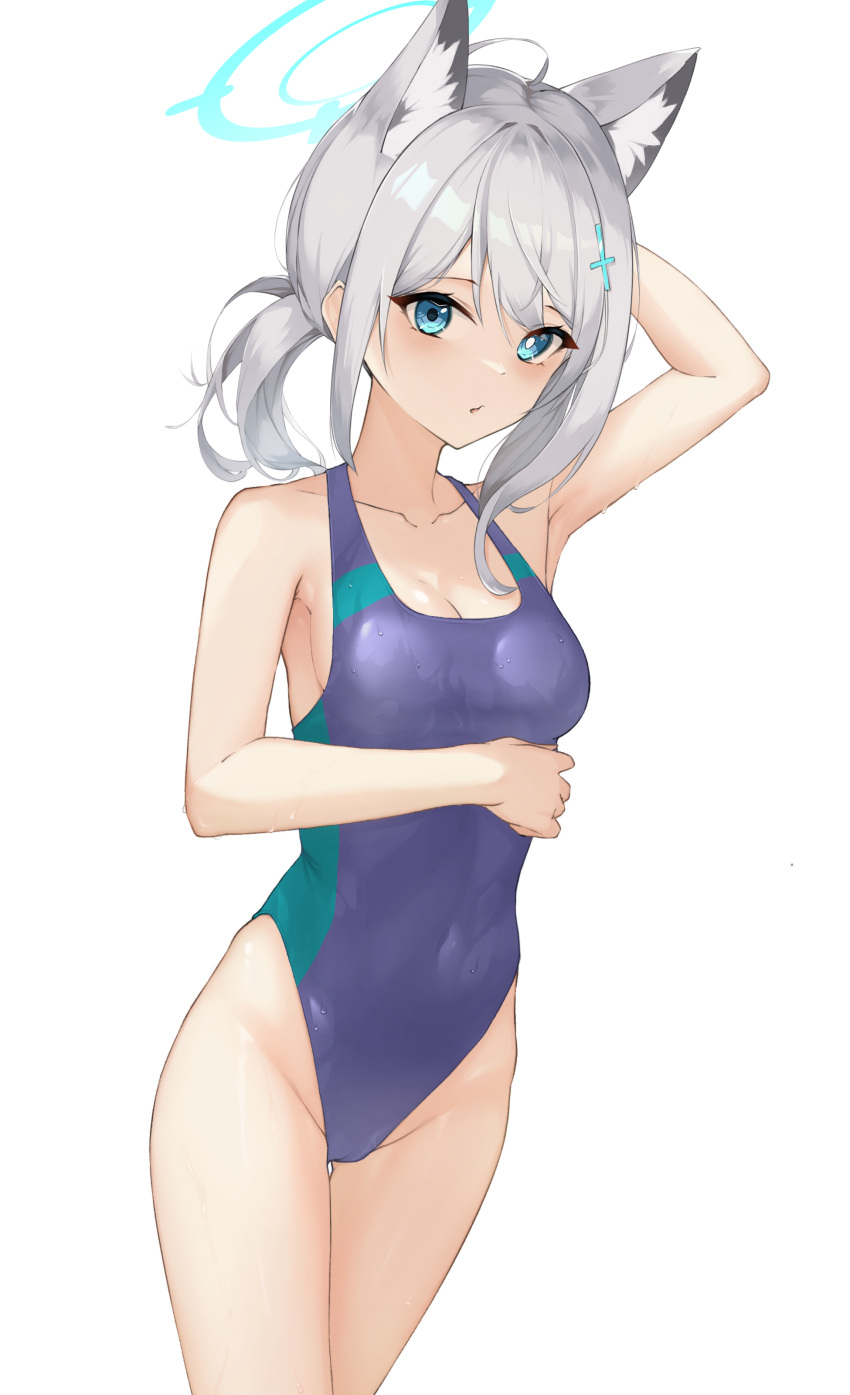 1girl absurdres animal_ear_fluff animal_ears bangs blue_archive blue_eyes competition_swimsuit covered_navel cowboy_shot cross_hair_ornament grey_hair hair_ornament halo highleg highleg_swimsuit highres medium_hair mismatched_pupils one-piece_swimsuit purple_swimsuit shiorin_(1825721785) shiroko_(blue_archive) simple_background solo swimsuit white_background