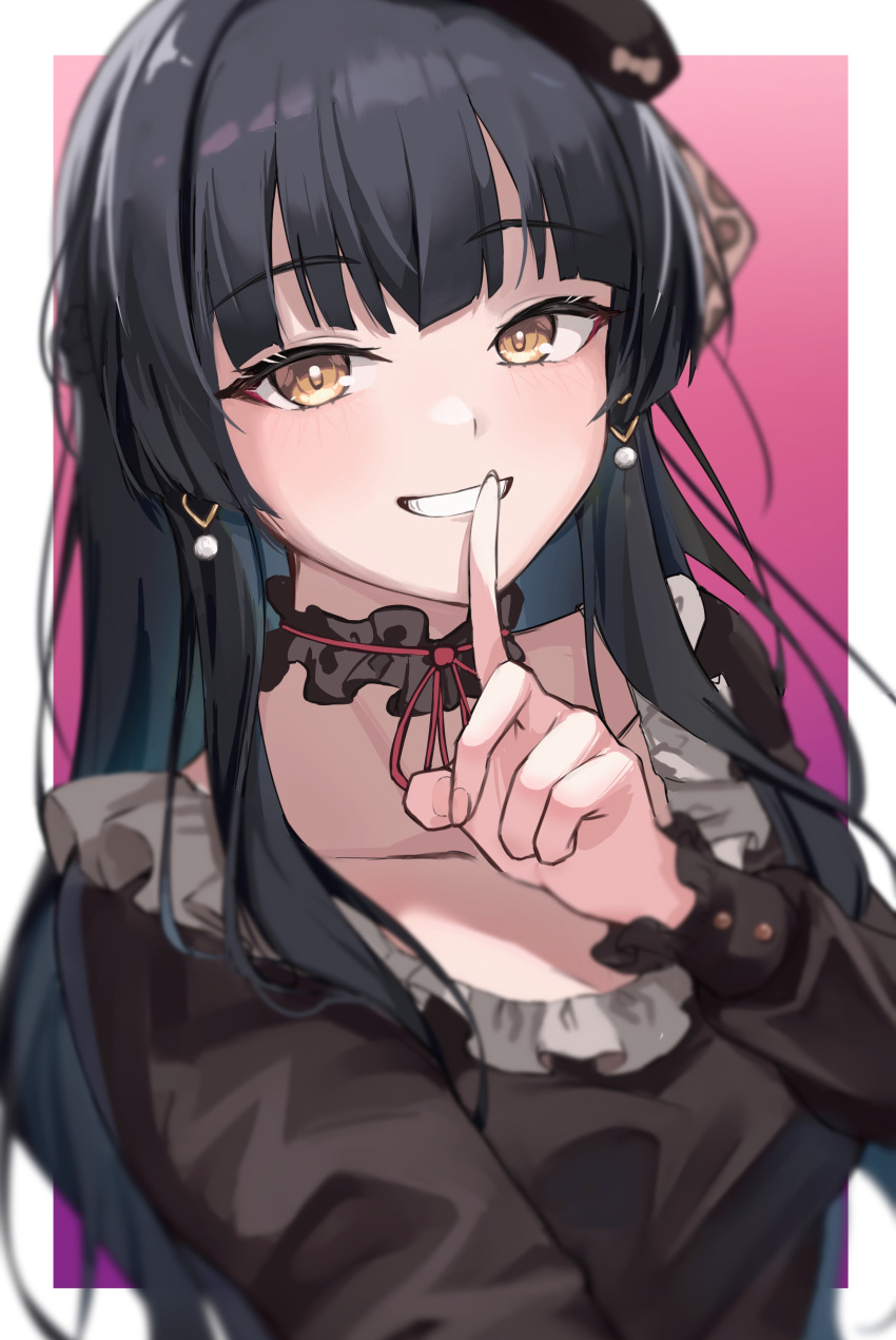 1girl absurdres asashin_(asn) bangs black_choker black_dress black_hair black_headwear choker clenched_teeth collarbone dress earrings eyebrows_visible_through_hair finger_to_mouth gradient gradient_background hat highres idolmaster idolmaster_shiny_colors index_finger_raised jewelry long_hair long_sleeves looking_at_viewer mayuzumi_fuyuko mini_hat pink_background smile solo teeth upper_body yellow_eyes