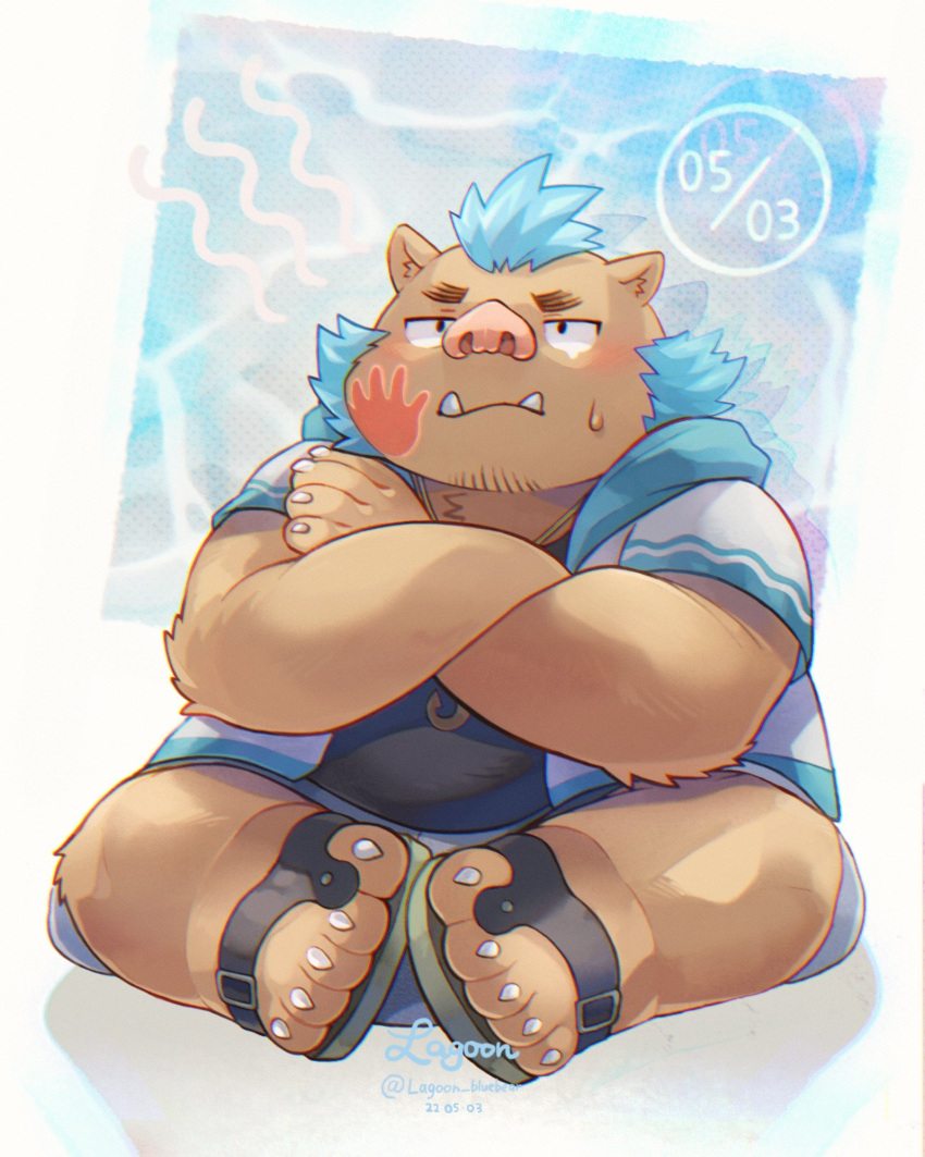 1boy animal_ears animal_nose blue_hair blush dated furry furry_male ganglie_(housamo) highres jewelry male_focus necklace pig_boy pig_ears pig_nose plump ragun_(lagoon_bluebear) sandals shadow sharp_toenails signature simple_background sitting slap_mark slap_mark_on_face solo sweatdrop tears thick_eyebrows toenails tokyo_afterschool_summoners tusks twitter_username white_background