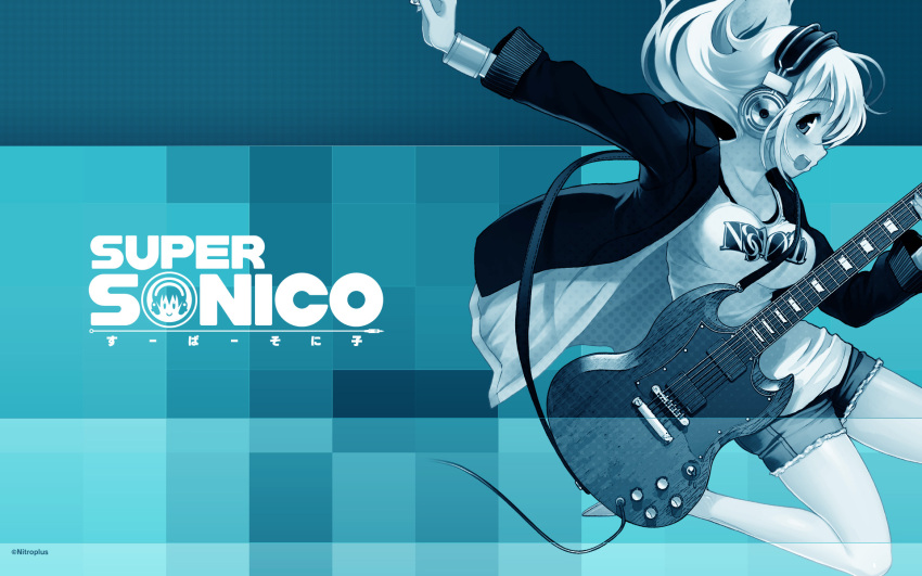 blue breasts character_name guitar headphones highres instrument jacket large_breasts looking_at_viewer nitroplus open_mouth outstretched_arm playing_instrument shorts smile solo soniko super_sonico super_soniko t-shirt tsuji_santa wallpaper