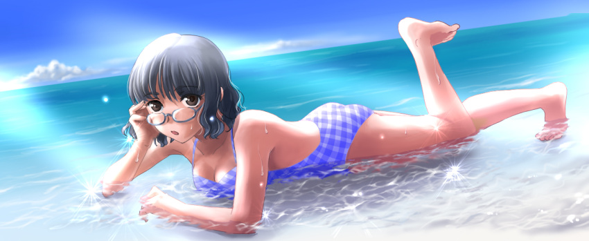 barefoot black_hair breasts brown_eyes casual_one-piece_swimsuit chin_rest cleavage dutch_angle glasses gunparade_orchestra leg_up lying making ocean on_stomach one-piece_swimsuit short_hair solo submerged swimsuit tanoue_yukari water wavy_hair