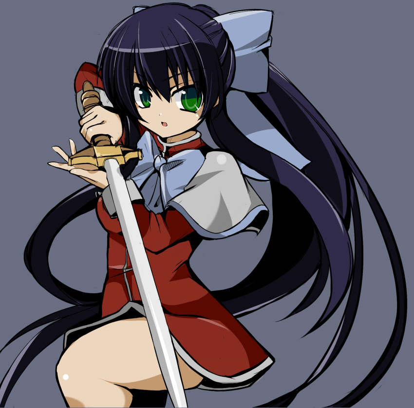 green_eyes highres jontake kanon kawasumi_mai long_hair ponytail pose school_uniform sword weapon