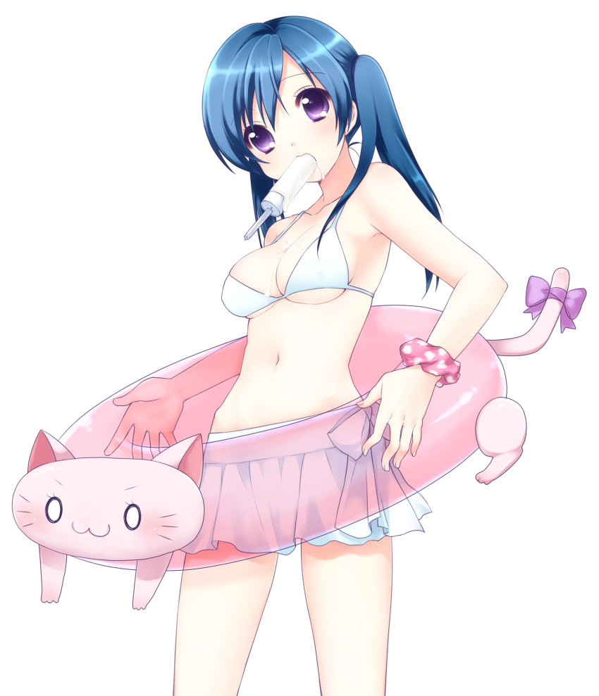 2ch :3 bikini blue_hair cat chibi cleavage highres innertube mani messy mouth_hold o_o original popsicle purple_eyes ribbon scrunchie shii simple_background solo swimsuit swimsuit tail tail_ribbon transparent twintails
