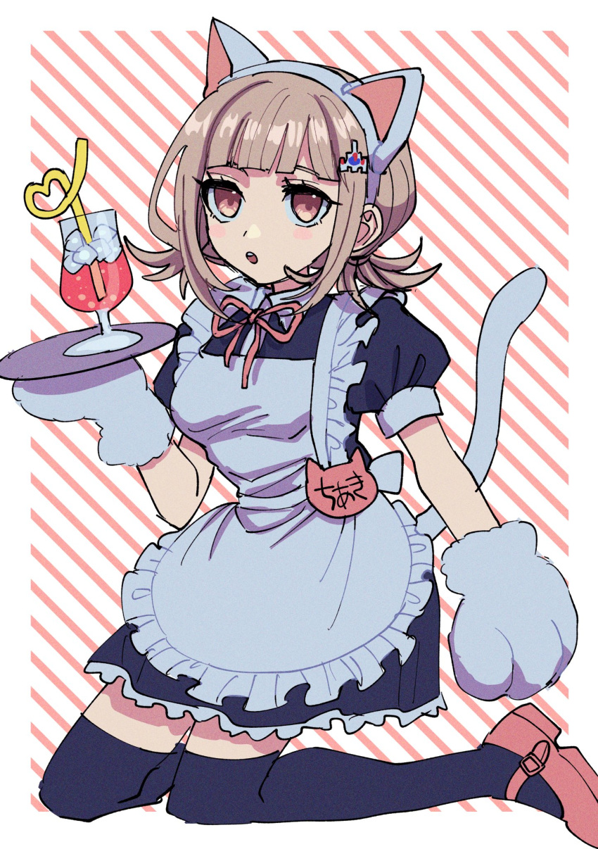 1girl :o alternate_costume animal_ear_headwear animal_ears animal_hands apron bangs black_dress black_legwear blunt_bangs border bow bowtie breasts cat_ear_hairband commentary danganronpa_(series) danganronpa_2:_goodbye_despair dress drink enmaided esu_(tasoesu) fake_animal_ears fake_tail flipped_hair frilled_apron frills full_body galaga gloves hairband highres holding holding_tray light_brown_hair maid medium_breasts name_tag nanami_chiaki open_mouth paw_gloves pink_bow pink_bowtie pink_eyes pink_footwear red_background short_hair short_sleeves simple_background solo spaceship_hair_ornament striped striped_background symbol-only_commentary tail teeth thigh-highs translated tray upper_teeth white_apron white_background white_gloves white_hairband