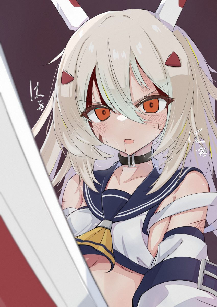 1girl alternate_hairstyle ayanami_(azur_lane) azur_lane bangs belt blood blood_from_mouth blurry breasts bruise choker collarbone commentary_request cuts depth_of_field detached_sleeves eyebrows_visible_through_hair fighting_stance greatsword grey_eyes hair_between_eyes hair_down hair_ornament hairclip headgear highres injury long_hair looking_at_viewer midriff orange_eyes oruk parted_lips retrofit_(azur_lane) school_uniform serafuku sidelocks simple_background solo sweat translation_request under_boob v-shaped_eyebrows