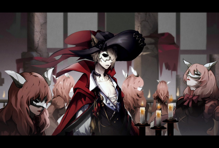 1boy 5girls animal_ears arknights blouse brown_hair candle candlelight candlestand cape cat_boy cat_ears hat highres jiuatian long_hair mask multiple_girls open_clothes open_shirt phantom_(arknights) red_cape red_lips red_ribbon redhead ribbon shirt short_hair upper_body