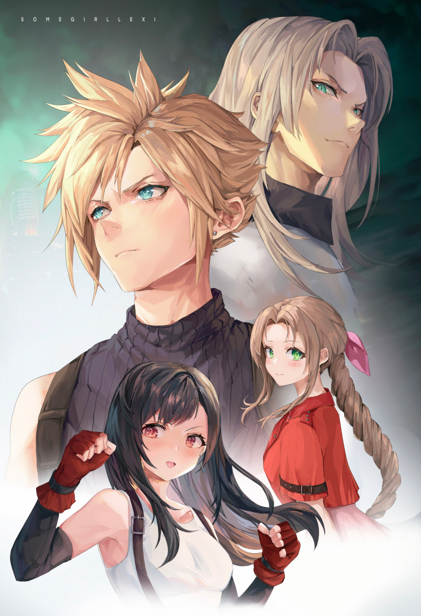 2boys 2girls :d absurdres aerith_gainsborough aqua_eyes artist_name bangs black_hair blonde_hair breasts brown_hair clenched_hands cloud_strife crop_top cropped_jacket dangle_earrings determined ear_piercing earrings elbow_gloves fighting_stance final_fantasy final_fantasy_vii final_fantasy_vii_remake fingerless_gloves gloves green_eyes grey_hair hair_ribbon highres jacket jewelry long_hair looking_afar looking_at_viewer looking_away looking_down making-of_available medium_breasts multiple_boys multiple_girls parted_bangs piercing pink_ribbon ponytail red_eyes red_gloves red_jacket ribbon sephiroth serious sleeveless sleeveless_turtleneck smile somegirllexi spiky_hair suspenders tank_top tifa_lockhart turtleneck white_tank_top