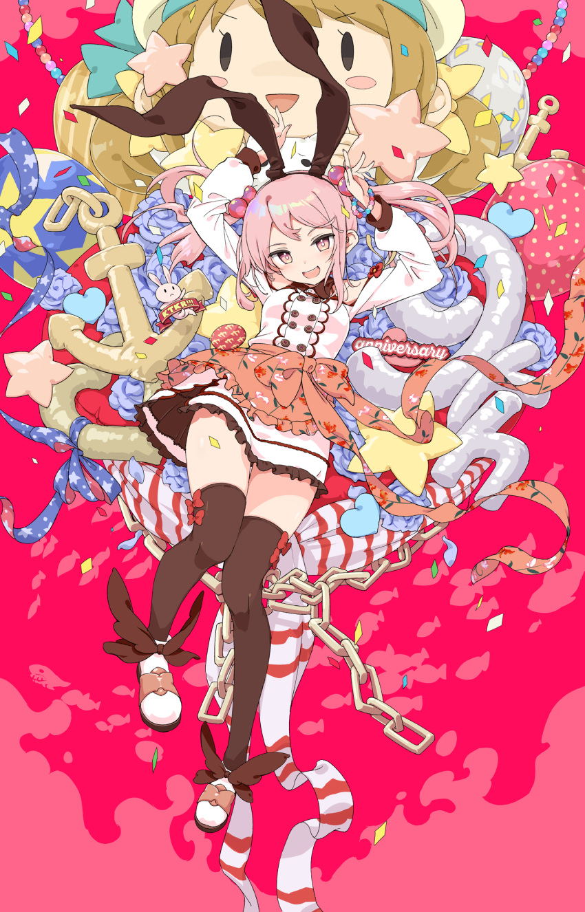 1girl absurdres aka_ringo anchor_symbol animal_ears anniversary apron arms_up balloon bangs black_legwear blush bracelet breasts bunny_pose chain commentary_request confetti dress error_musume fake_animal_ears floral_print hair_bobbles hair_ornament heart highres jewelry kantai_collection looking_at_viewer official_alternate_costume open_mouth pink_apron pink_eyes pink_hair rabbit_ears sazanami_(kancolle) sidelocks solo star_(symbol) thigh-highs twintails waist_apron white_dress