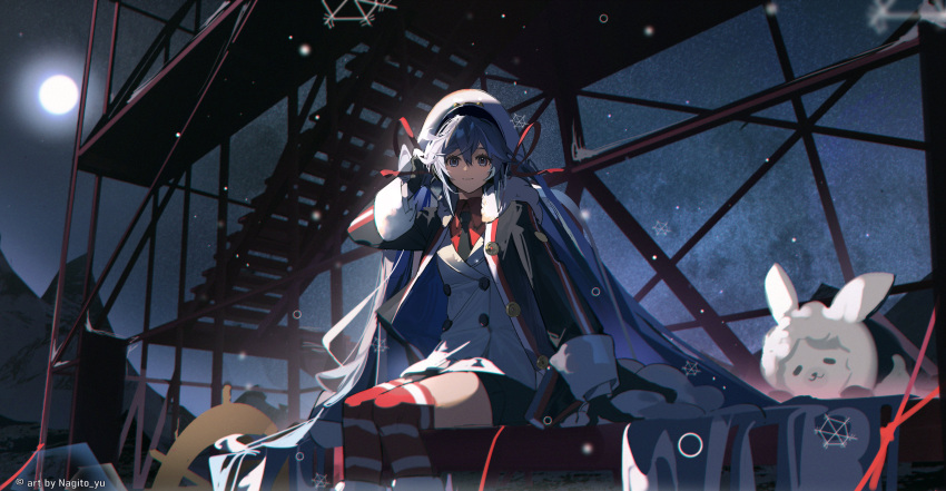 1girl absurdres black_gloves black_jacket black_necktie blue_eyes blue_hair closed_mouth commentary dock gloves hair_ornament hair_ribbon hat hatsune_miku highres jacket long_hair looking_at_viewer nagito necktie peaked_cap rabbit_yukine red_legwear red_ribbon red_shirt ribbon shirt sitting smile snowflake_hair_ornament solo steering_wheel striped striped_legwear thigh-highs twintails very_long_hair vest vocaloid white_headwear white_vest yuki_miku yuki_miku_(2022)